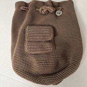 The Sak Crochet Drawstring Purse Backpack Tan/Khaki Medium Boho Bucket Handbag